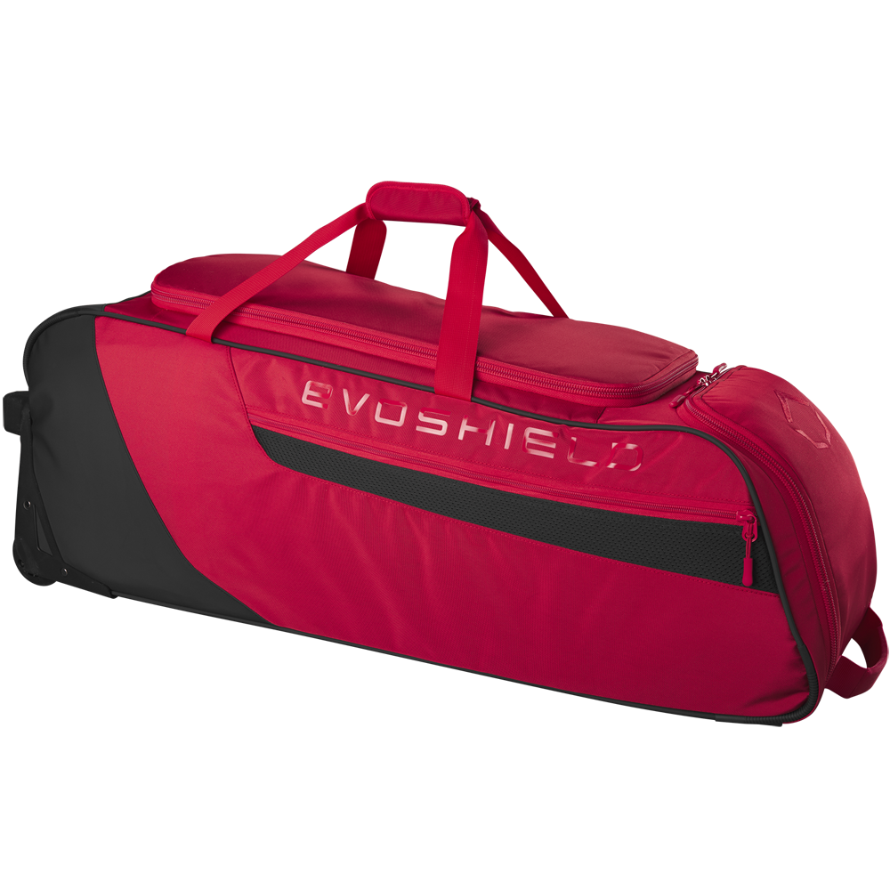 The EvoShield Takeover Wheeled Bag (WB57572) is a spacious red and black gear bag featuring a top handle, side mesh pocket, zippered compartments, and bat sleeves for easy baseball equipment transport.