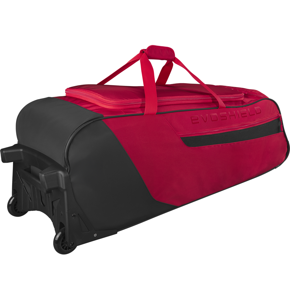The EvoShield Takeover Wheeled Bag (WB57572) by EvoShield is a large red and black bag with bat sleeves, zippered top, two handles, and reinforced corners—ideal for athletes as a durable baseball gear or travel bag.
