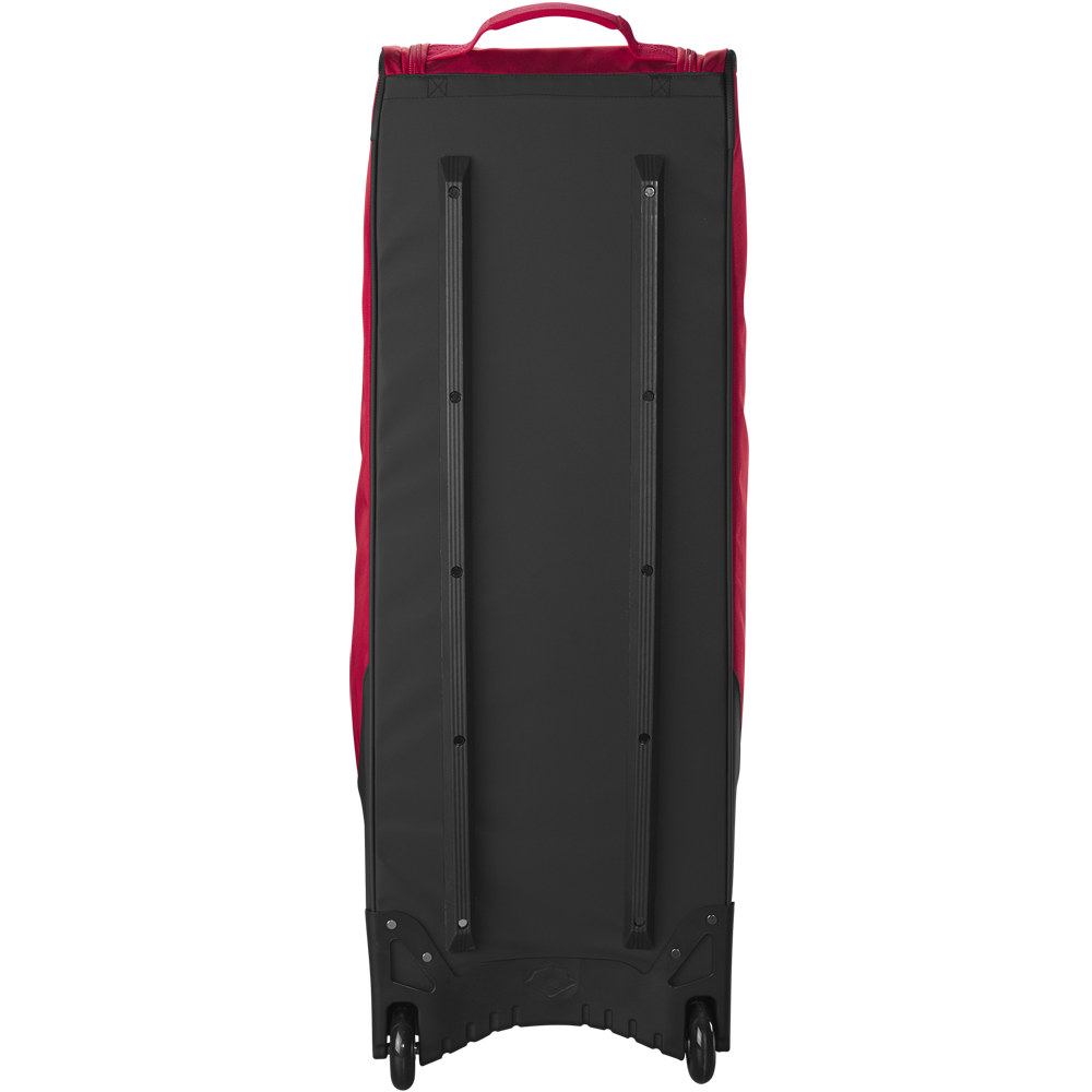 The EvoShield Takeover Wheeled Bag (WB57572) by EvoShield is a large black and red bag with two visible wheels and long black bottom support rails, perfect for transporting baseball gear.
