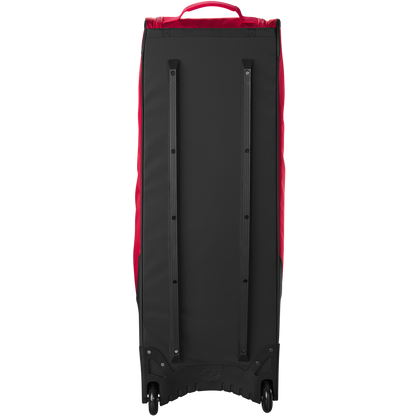 The EvoShield Takeover Wheeled Bag (WB57572) by EvoShield is a large black and red bag with two visible wheels and long black bottom support rails, perfect for transporting baseball gear.