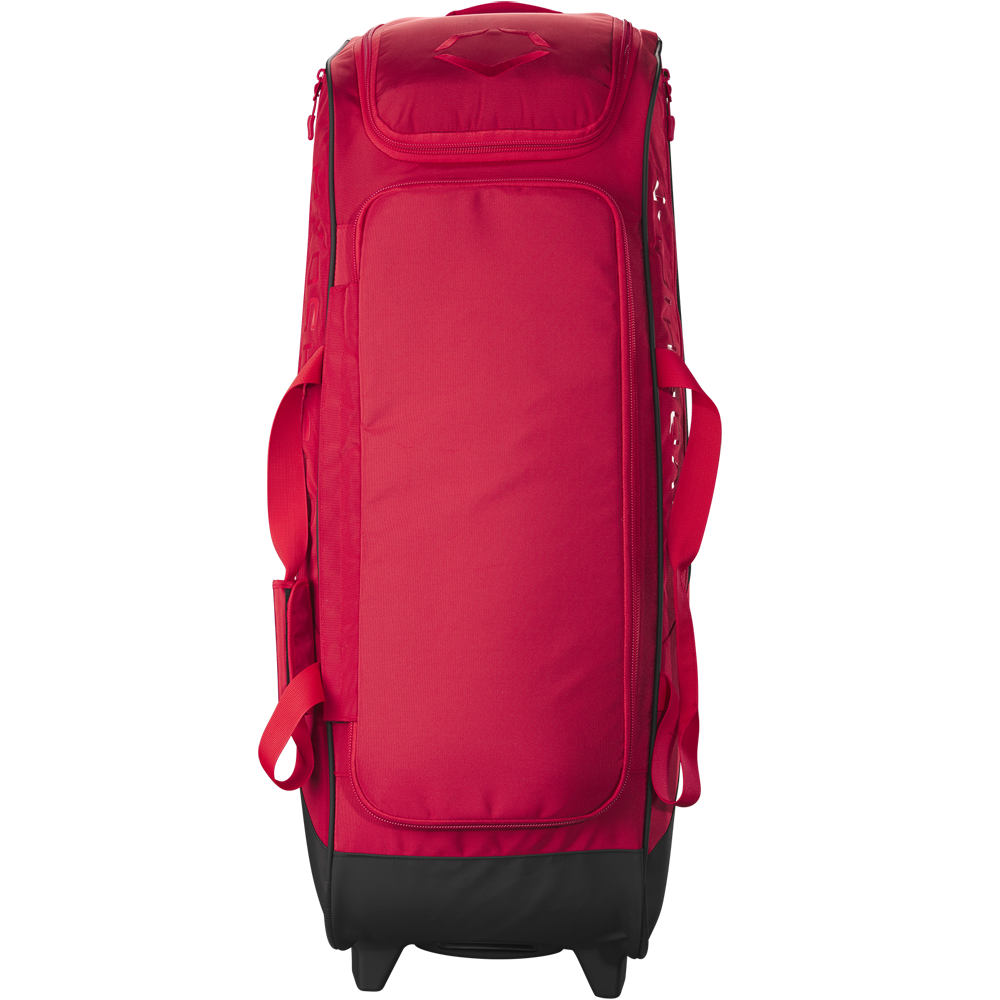 The EvoShield Takeover Wheeled Bag (WB57572) by EvoShield is a large red baseball gear bag with a black bottom, multiple handles, bat sleeves, and a zippered top compartment, shown standing upright against a white background.