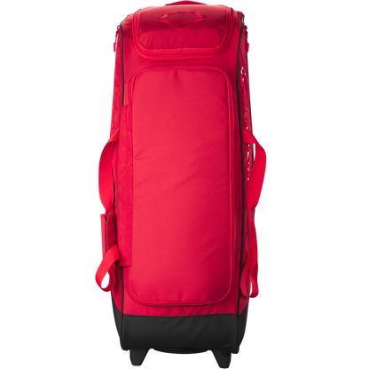 The EvoShield Takeover Wheeled Bag (WB57572) by EvoShield is a large red baseball gear bag with a black bottom, multiple handles, bat sleeves, and a zippered top compartment, shown standing upright against a white background.