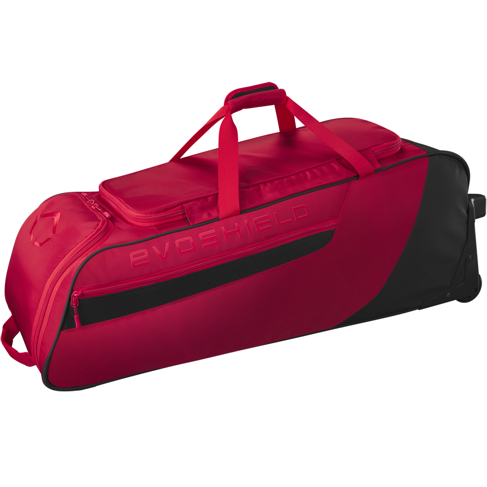 The EvoShield Takeover Wheeled Bag (WB57572) is a spacious red and black baseball gear bag with wheels, handle, shoulder strap, zippered pocket, bat sleeves, and EVOSHIELD branding on the side.