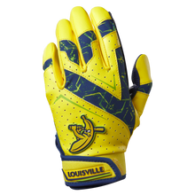 The Louisville Slugger Savannah Bananas Youth Genuine V2 Batting Glove (WB57615) features yellow and blue colors, a banana logo gripping a bat, blue zigzag accents, and "Louisville" on the wrist strap—perfect for young fans.