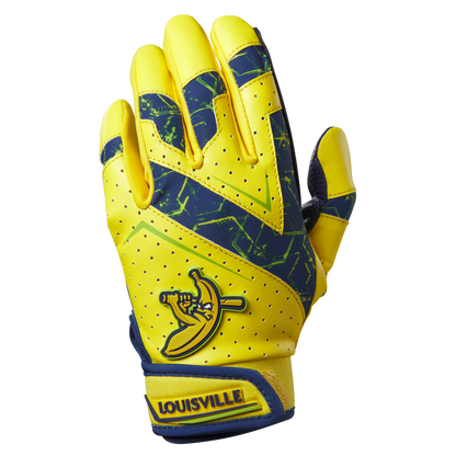 The Louisville Slugger Savannah Bananas Youth Genuine V2 Batting Glove (WB57615) features yellow and blue colors, a banana logo gripping a bat, blue zigzag accents, and "Louisville" on the wrist strap—perfect for young fans.