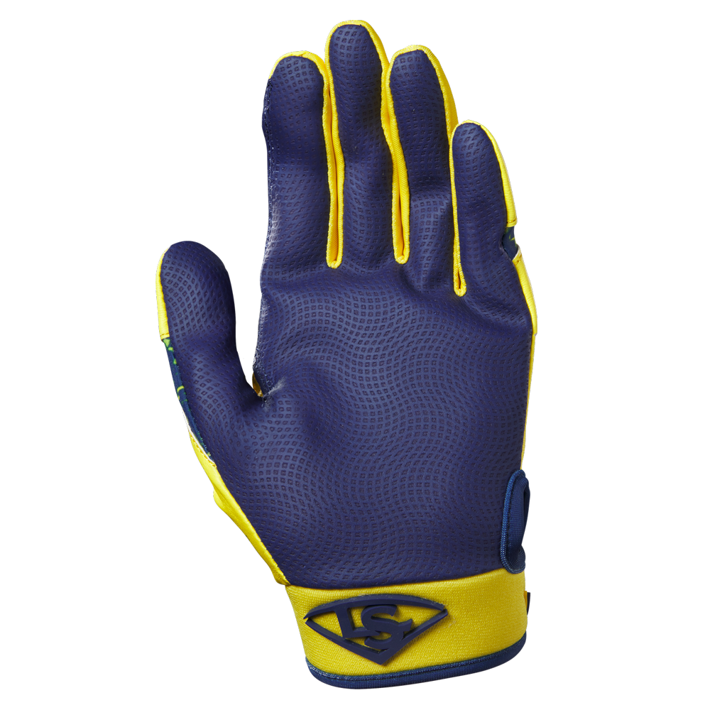 A single Louisville Slugger Savannah Bananas Youth Genuine V2 Batting Glove, blue and yellow, is shown palm-up with a bent thumb and a raised LS logo on the yellow wrist strap.