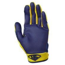A single Louisville Slugger Savannah Bananas Youth Genuine V2 Batting Glove, blue and yellow, is shown palm-up with a bent thumb and a raised LS logo on the yellow wrist strap.