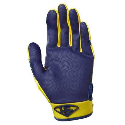 A single Louisville Slugger Savannah Bananas Youth Genuine V2 Batting Glove, blue and yellow, is shown palm-up with a bent thumb and a raised LS logo on the yellow wrist strap.