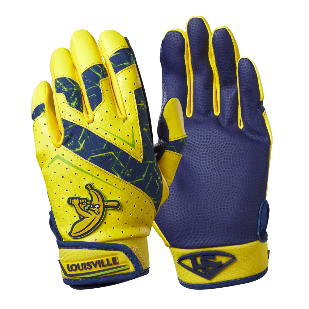 The Louisville Slugger Savannah Bananas Youth Genuine V2 Batting Gloves (WB57615) feature one yellow and blue glove with a stylized player graphic and the other showcasing the Louisville logo, inspired by classic Savannah Bananas gloves.