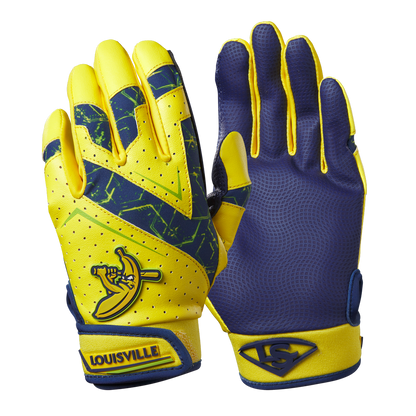The Louisville Slugger Savannah Bananas Youth Genuine V2 Batting Gloves (WB57615) feature one yellow and blue glove with a stylized player graphic and the other showcasing the Louisville logo, inspired by classic Savannah Bananas gloves.