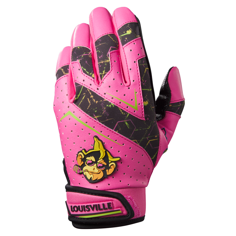 The Louisville Slugger Party Animals Youth Genuine V2 Batting Gloves (WB57616) feature bright pink with black and neon green accents, perforated details, and a cartoon monkey patch—perfect for youth baseball or softball gear collections.