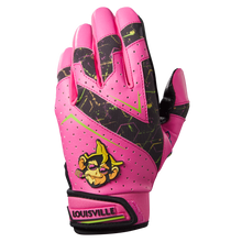 The Louisville Slugger Party Animals Youth Genuine V2 Batting Gloves (WB57616) feature bright pink with black and neon green accents, perforated details, and a cartoon monkey patch—perfect for youth baseball or softball gear collections.