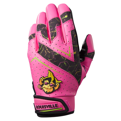The Louisville Slugger Party Animals Youth Genuine V2 Batting Gloves (WB57616) feature bright pink with black and neon green accents, perforated details, and a cartoon monkey patch—perfect for youth baseball or softball gear collections.