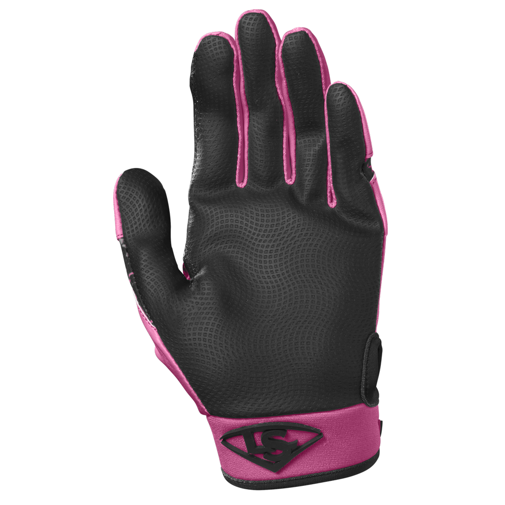 The Louisville Slugger Party Animals Youth Genuine V2 Batting Glove (WB57616) features a black and pink design, textured palm, and logo on the wrist, shown palm out against a plain white background.