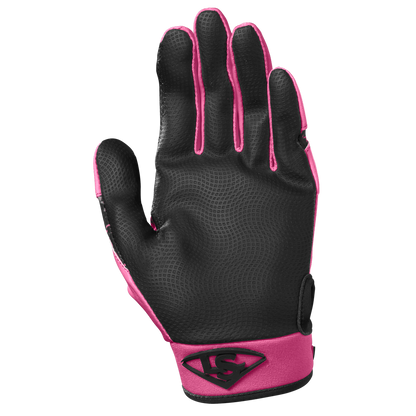 The Louisville Slugger Party Animals Youth Genuine V2 Batting Glove (WB57616) features a black and pink design, textured palm, and logo on the wrist, shown palm out against a plain white background.