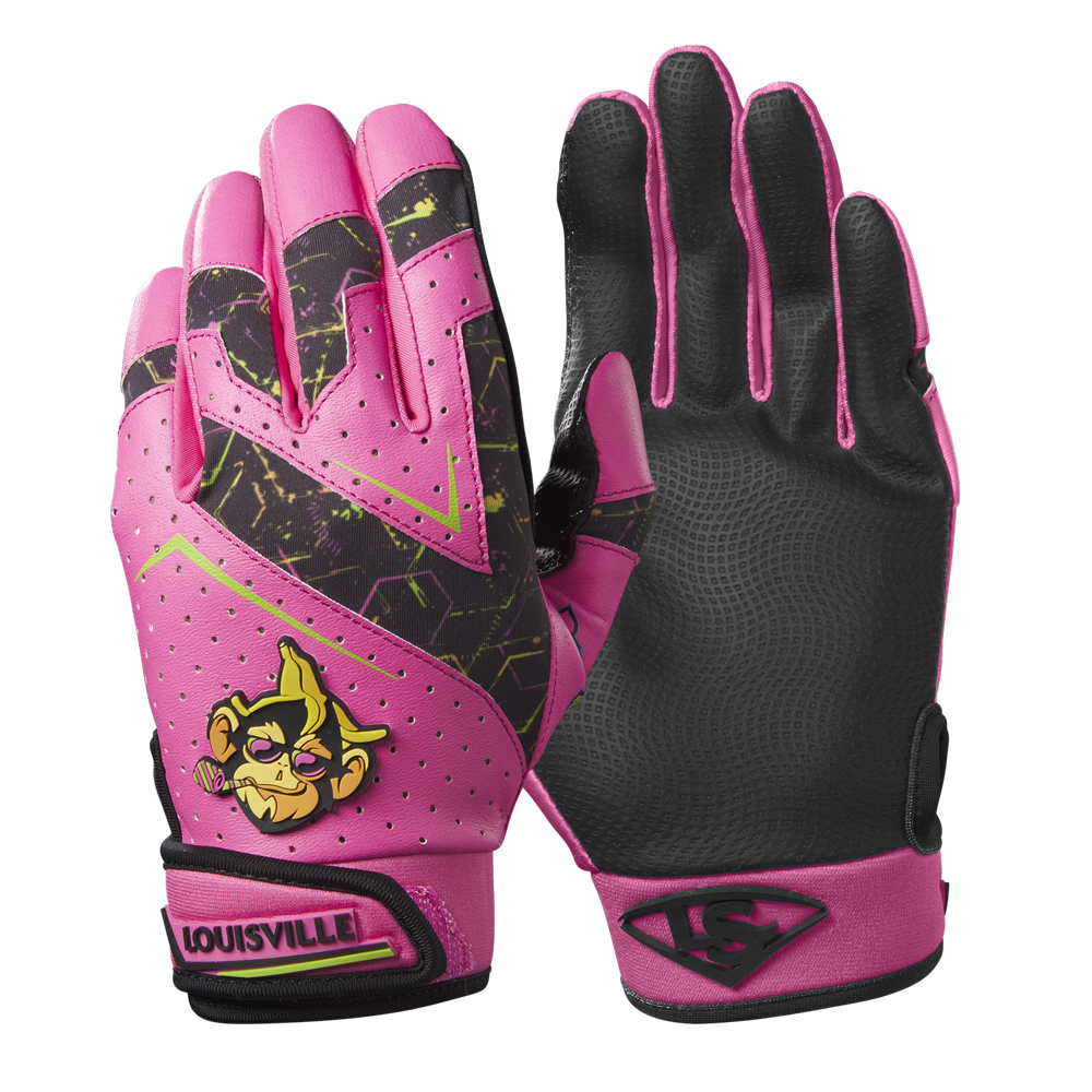 A pair of Louisville Slugger Party Animals Youth Genuine V2 Batting Gloves (WB57616) in bright pink with black and neon green accents, plus a cartoon monkey graphic on the back of one hand.