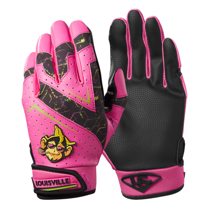A pair of Louisville Slugger Party Animals Youth Genuine V2 Batting Gloves (WB57616) in bright pink with black and neon green accents, plus a cartoon monkey graphic on the back of one hand.