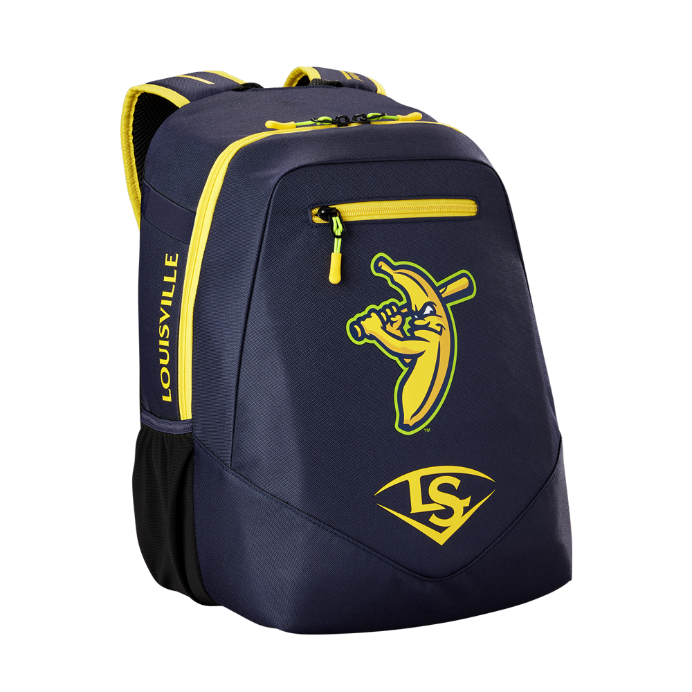 The Louisville Slugger Savannah Bananas Powerized Stick Pack Backpack (WB57636) is a navy blue youth bag with yellow accents, featuring a cartoon banana swinging a bat, Louisville Slugger branding, and an LS logo—a fun choice for young fans.