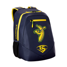 The Louisville Slugger Savannah Bananas Powerized Stick Pack Backpack (WB57636) is a navy blue youth bag with yellow accents, featuring a cartoon banana swinging a bat, Louisville Slugger branding, and an LS logo—a fun choice for young fans.