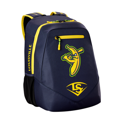 The Louisville Slugger Savannah Bananas Powerized Stick Pack Backpack (WB57636) is a navy blue youth bag with yellow accents, featuring a cartoon banana swinging a bat, Louisville Slugger branding, and an LS logo—a fun choice for young fans.