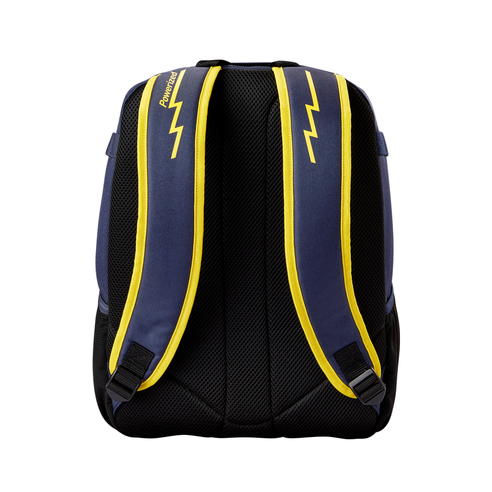 The Louisville Slugger Savannah Bananas Powerized Stick Pack Backpack (WB57636) is a navy blue youth baseball bag with padded shoulder straps, yellow trim, and a lightning bolt design. The straps feature yellow "Pokémon" text.