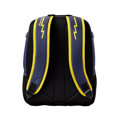 The Louisville Slugger Savannah Bananas Powerized Stick Pack Backpack (WB57636) is a navy blue youth baseball bag with padded shoulder straps, yellow trim, and a lightning bolt design. The straps feature yellow "Pokémon" text.