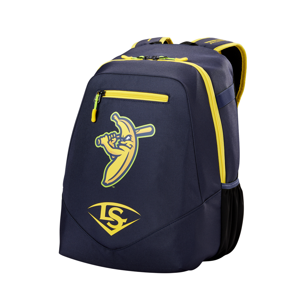 The Louisville Slugger Savannah Bananas Powerized Stick Pack Backpack (WB57636) is a navy blue youth bag with yellow accents, a cartoon banana swinging a bat, LS logo on the pocket, top handle, and side mesh pocket.