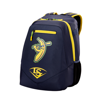 The Louisville Slugger Savannah Bananas Powerized Stick Pack Backpack (WB57636) is a navy blue youth bag with yellow accents, a cartoon banana swinging a bat, LS logo on the pocket, top handle, and side mesh pocket.