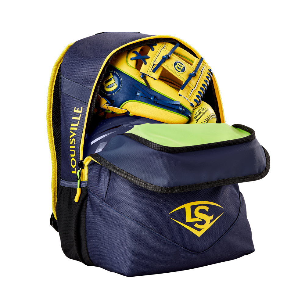 A navy and yellow Louisville Slugger Savannah Bananas Powerized Stick Pack Backpack (WB57636) is unzipped, showing a baseball glove and lime green item inside. The front pocket features the LS logo in yellow.
