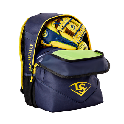 A navy and yellow Louisville Slugger Savannah Bananas Powerized Stick Pack Backpack (WB57636) is unzipped, showing a baseball glove and lime green item inside. The front pocket features the LS logo in yellow.