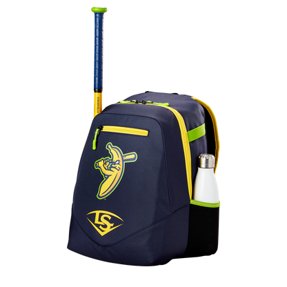 The Louisville Slugger Savannah Bananas Powerized Stick Pack Backpack (WB57636) features a navy blue and yellow design with a cartoon banana logo, shown holding a bat in the back slot and a water bottle in the side pocket against a white background.