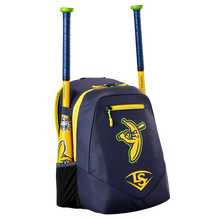 The Louisville Slugger Savannah Bananas Powerized Stick Pack Backpack (WB57636) features navy blue and yellow colors, a cartoon banana swinging a bat on the front, two side bat pockets, yellow zipper, and LS logo at the bottom.