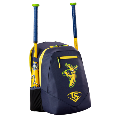 The Louisville Slugger Savannah Bananas Powerized Stick Pack Backpack (WB57636) features navy blue and yellow colors, a cartoon banana swinging a bat on the front, two side bat pockets, yellow zipper, and LS logo at the bottom.