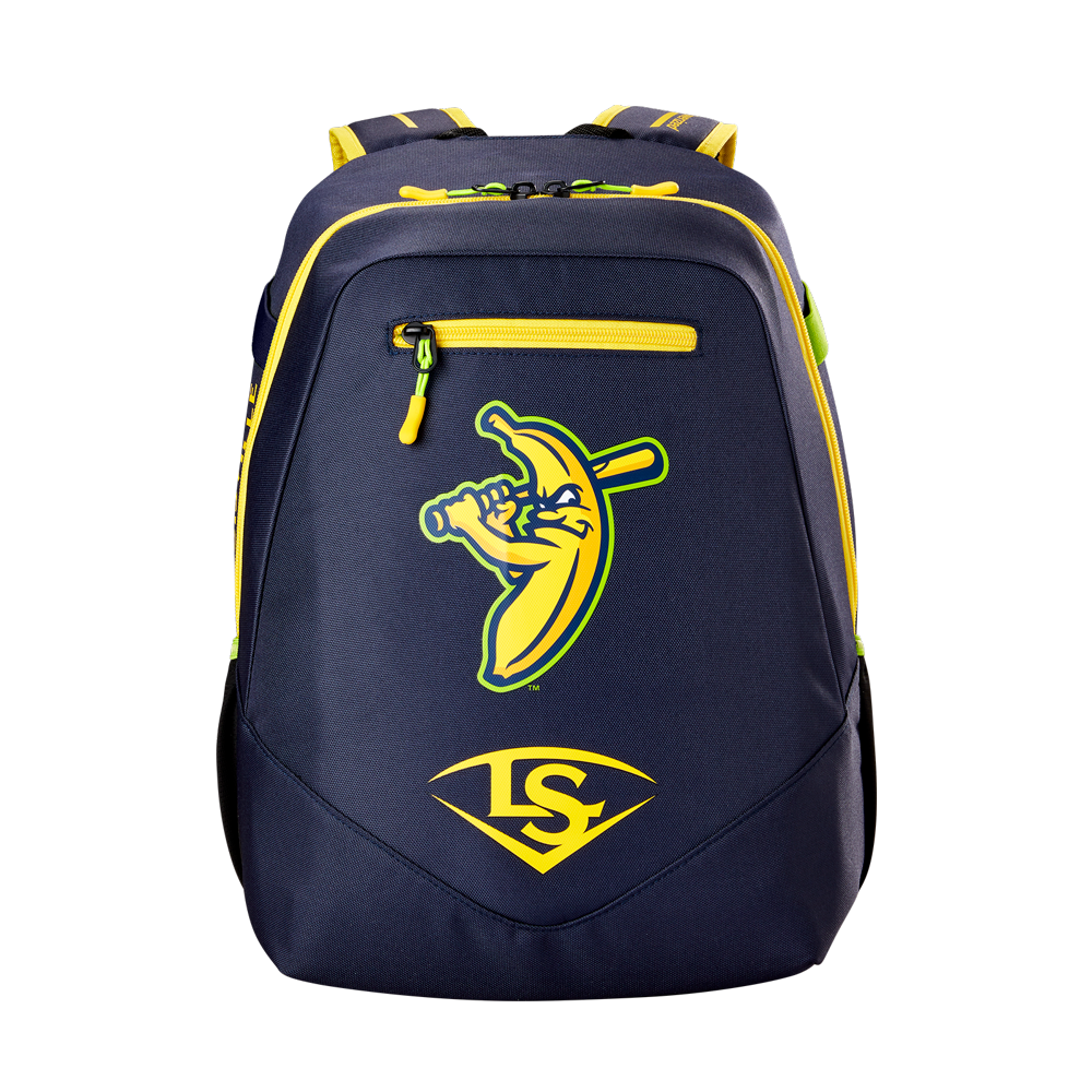 The Louisville Slugger Savannah Bananas Powerized Stick Pack Backpack (WB57636) is a navy youth bag with yellow accents, featuring a cartoon banana swinging a bat and LS inside a yellow diamond on the front pocket.