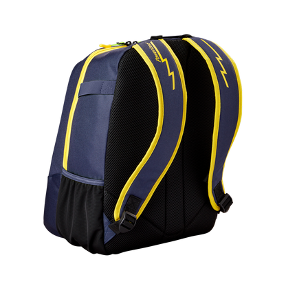 The Louisville Slugger Savannah Bananas Powerized Stick Pack Backpack (WB57636) features a navy blue design with yellow accents, mesh back panel, side pockets, and shoulder straps with yellow lightning bolts. Shown from the back on a white background.