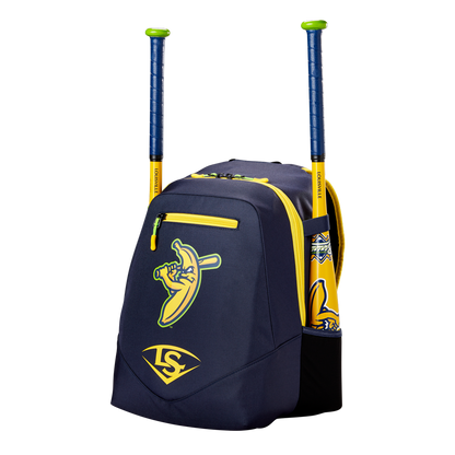 Show your team spirit with the Louisville Slugger Savannah Bananas Powerized Stick Pack Backpack (WB57636), featuring a cartoon banana logo, yellow zipper accents, mesh side pocket, and space for two bats on top.
