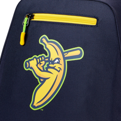 The Louisville Slugger Savannah Bananas Powerized Stick Pack Backpack (WB57636) features a cartoon banana swinging a bat on a dark youth baseball bag with a yellow-zippered pocket.