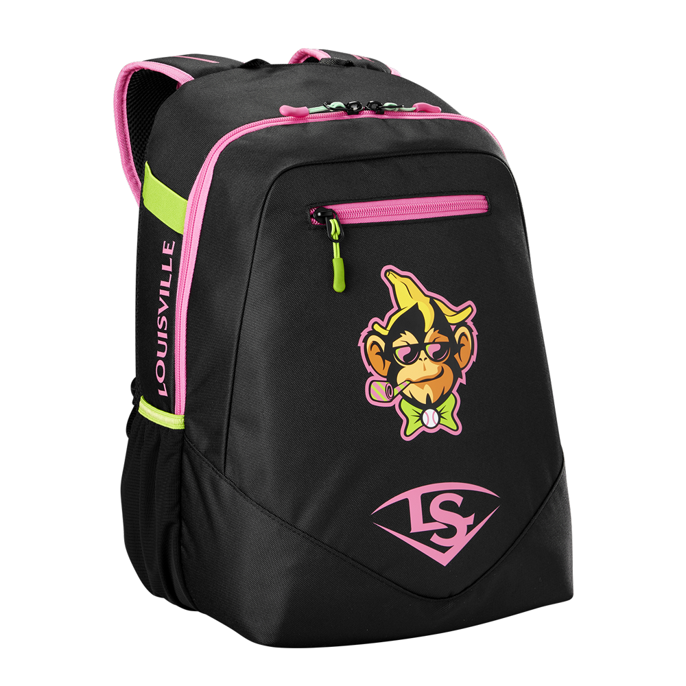 The Louisville Slugger Party Animals Powerized Stick Pack Backpack (WB5763701) is a black youth baseball bag with pink and green accents, a cartoon monkey in a bow tie, LS logo, and "Louisville" on the side—a playful choice for young players.