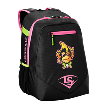 The Louisville Slugger Party Animals Powerized Stick Pack Backpack (WB5763701) is a black youth baseball bag with pink and green accents, a cartoon monkey in a bow tie, LS logo, and "Louisville" on the side—a playful choice for young players.