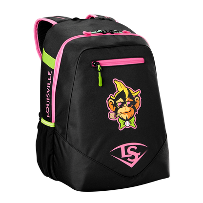 The Louisville Slugger Party Animals Powerized Stick Pack Backpack (WB5763701) is a black youth baseball bag with pink and green accents, a cartoon monkey in a bow tie, LS logo, and "Louisville" on the side—a playful choice for young players.