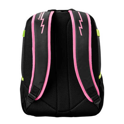 The Louisville Slugger Party Animals Powerized Stick Pack Backpack (WB5763701) features padded mesh straps trimmed in pink, a lightning bolt design, and green accents—ideal as a youth baseball bag or for stylish sporting events.