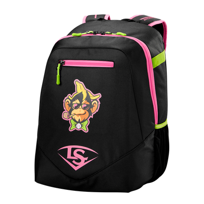 The Louisville Slugger Party Animals Powerized Stick Pack Backpack (WB5763701) is a black youth baseball bag with pink and neon green accents, a cartoon monkey face with a bow tie, and a pink LS logo—perfect for young players.