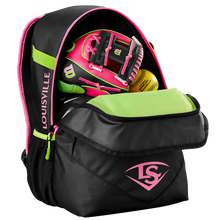 The Louisville Slugger Party Animals Powerized Stick Pack Backpack (WB5763701) features black and pink colors with a green front pocket, shown partially unzipped to reveal a pink and green glove and yellow softball—ideal for youth baseball practice or games.