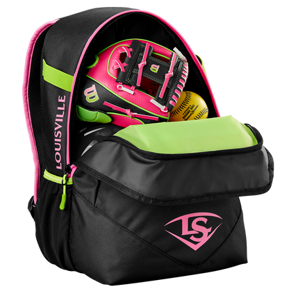 The Louisville Slugger Party Animals Powerized Stick Pack Backpack (WB5763701) features black and pink colors with a green front pocket, shown partially unzipped to reveal a pink and green glove and yellow softball—ideal for youth baseball practice or games.