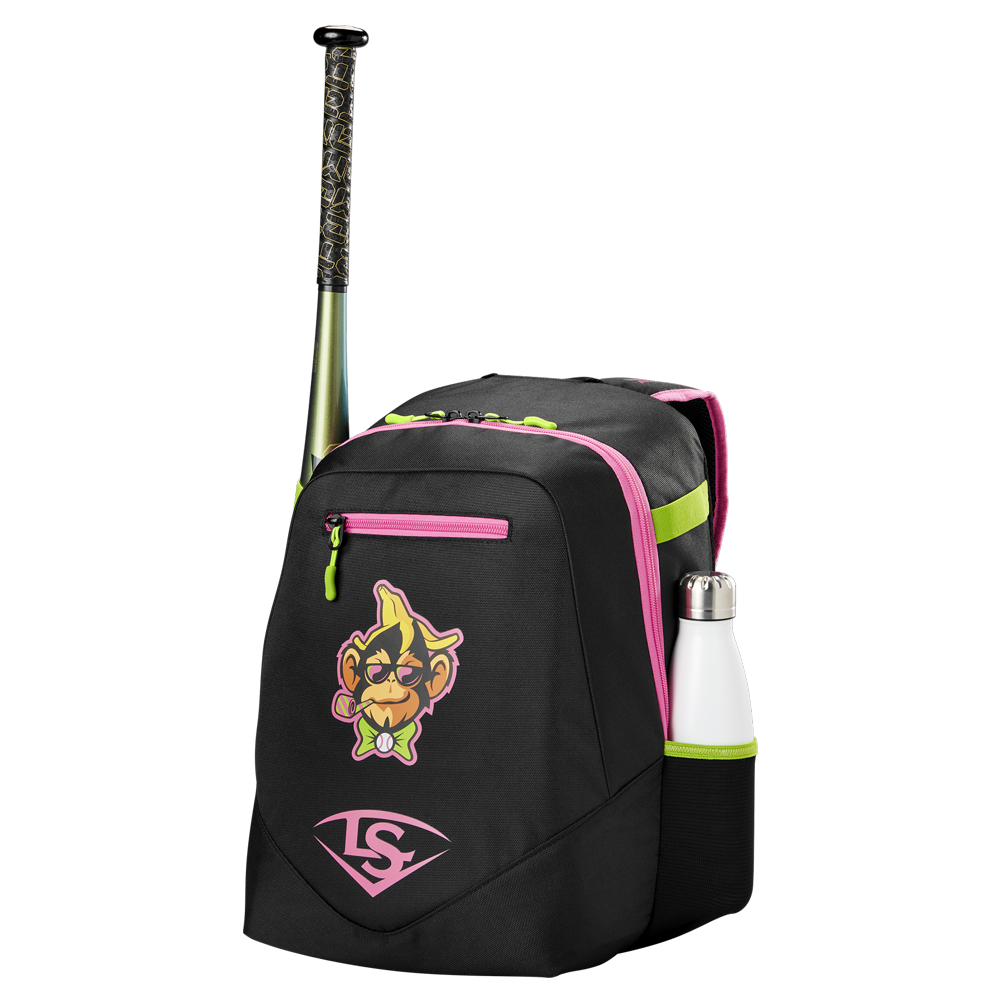The Louisville Slugger Party Animals Powerized Stick Pack Backpack (WB5763701) is a black and pink youth baseball bag with a cartoon monkey face, a bat sticking out of the top, and a white water bottle in the side pocket.