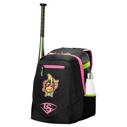 The Louisville Slugger Party Animals Powerized Stick Pack Backpack (WB5763701) is a black and pink youth baseball bag with a cartoon monkey face, a bat sticking out of the top, and a white water bottle in the side pocket.