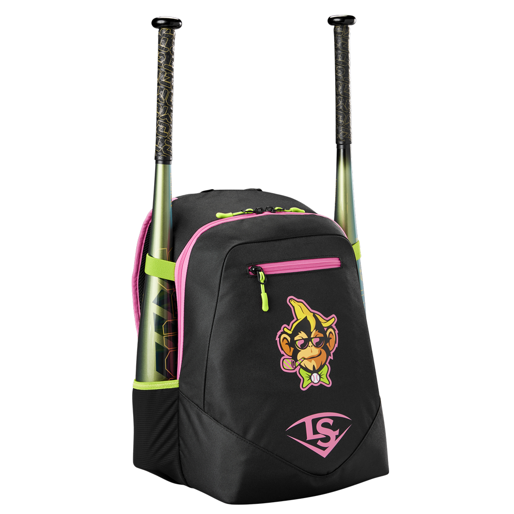 The Louisville Slugger Party Animals Powerized Stick Pack Backpack (WB5763701) is a black youth bag with pink and neon green accents, a cartoon monkey face, two side mesh bat pockets, and a white Louisville Slugger logo at the bottom.