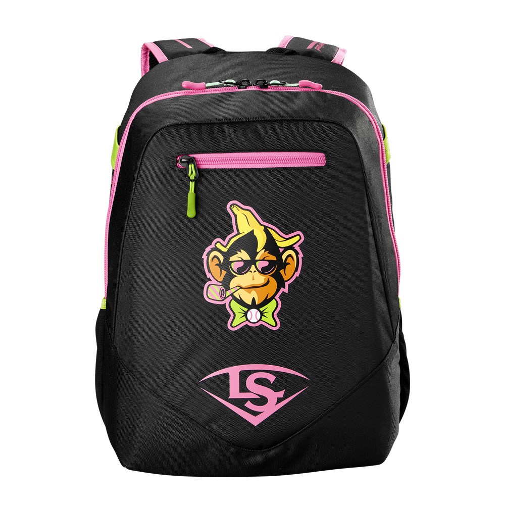 The Louisville Slugger Party Animals Powerized Stick Pack Backpack (WB5763701) is a black youth baseball bag with pink zippers, a cartoon angry banana in a bow tie on the front pocket, and a pink LS logo below it.