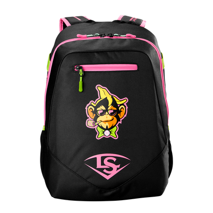 The Louisville Slugger Party Animals Powerized Stick Pack Backpack (WB5763701) is a black youth baseball bag with pink zippers, a cartoon angry banana in a bow tie on the front pocket, and a pink LS logo below it.
