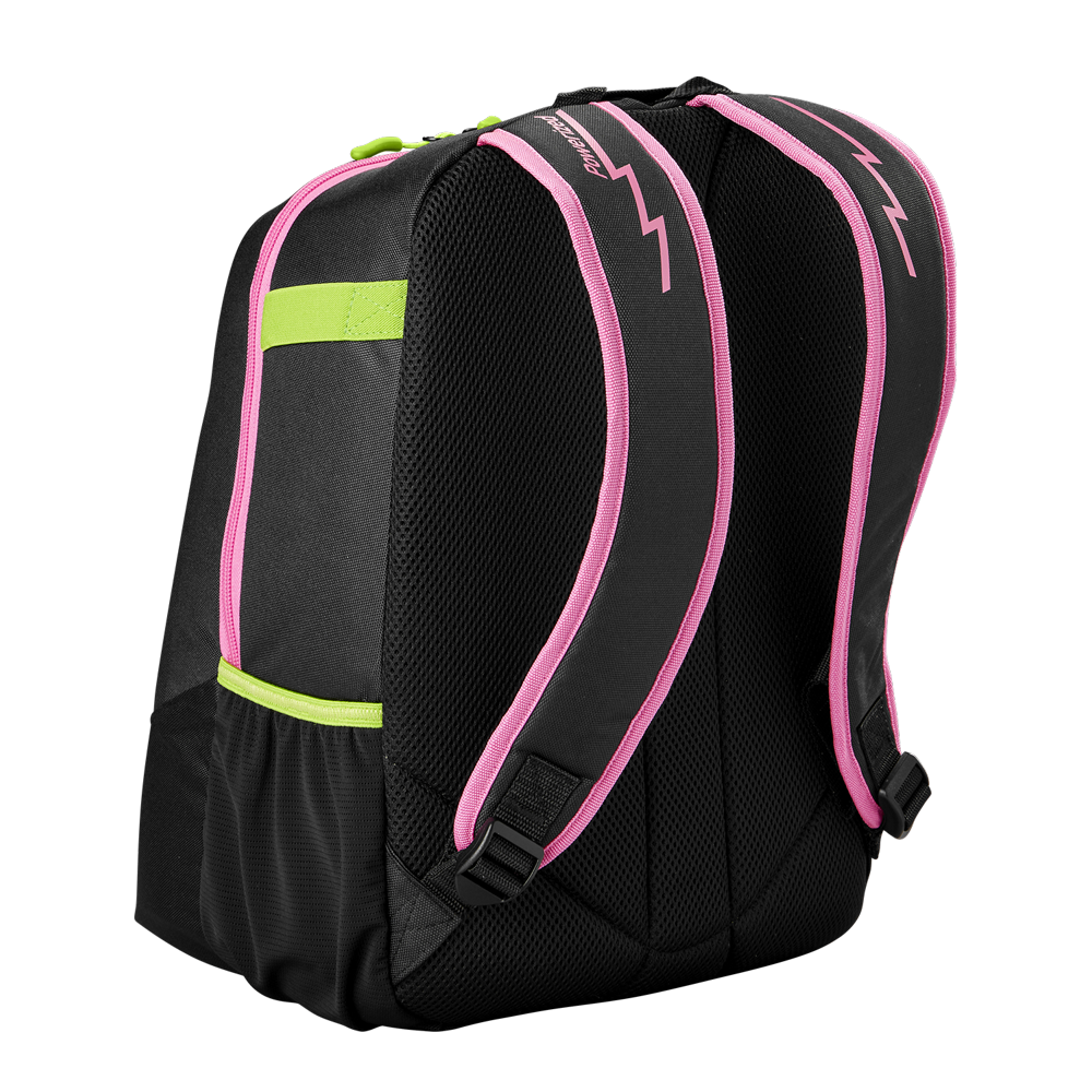 The Louisville Slugger Party Animals Powerized Stick Pack Backpack features black fabric, mesh back panels, two pink-trimmed shoulder straps, green accents like a horizontal strap and zipper pulls, and a zigzag design. Photographed on a white background.